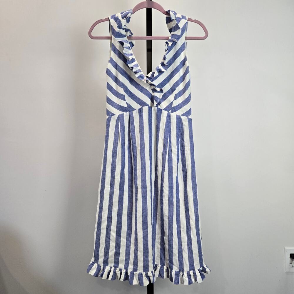 Camilyn‎ Beth Ruffle Neckline Mini Dress Blue White Stripe Tie Back Small